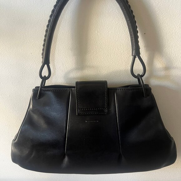 90'S GUCCI WOODEN BAMBOO TRIM LEATHER BRAIDED HANDLE BAG BLACK - Picture 5 of 9